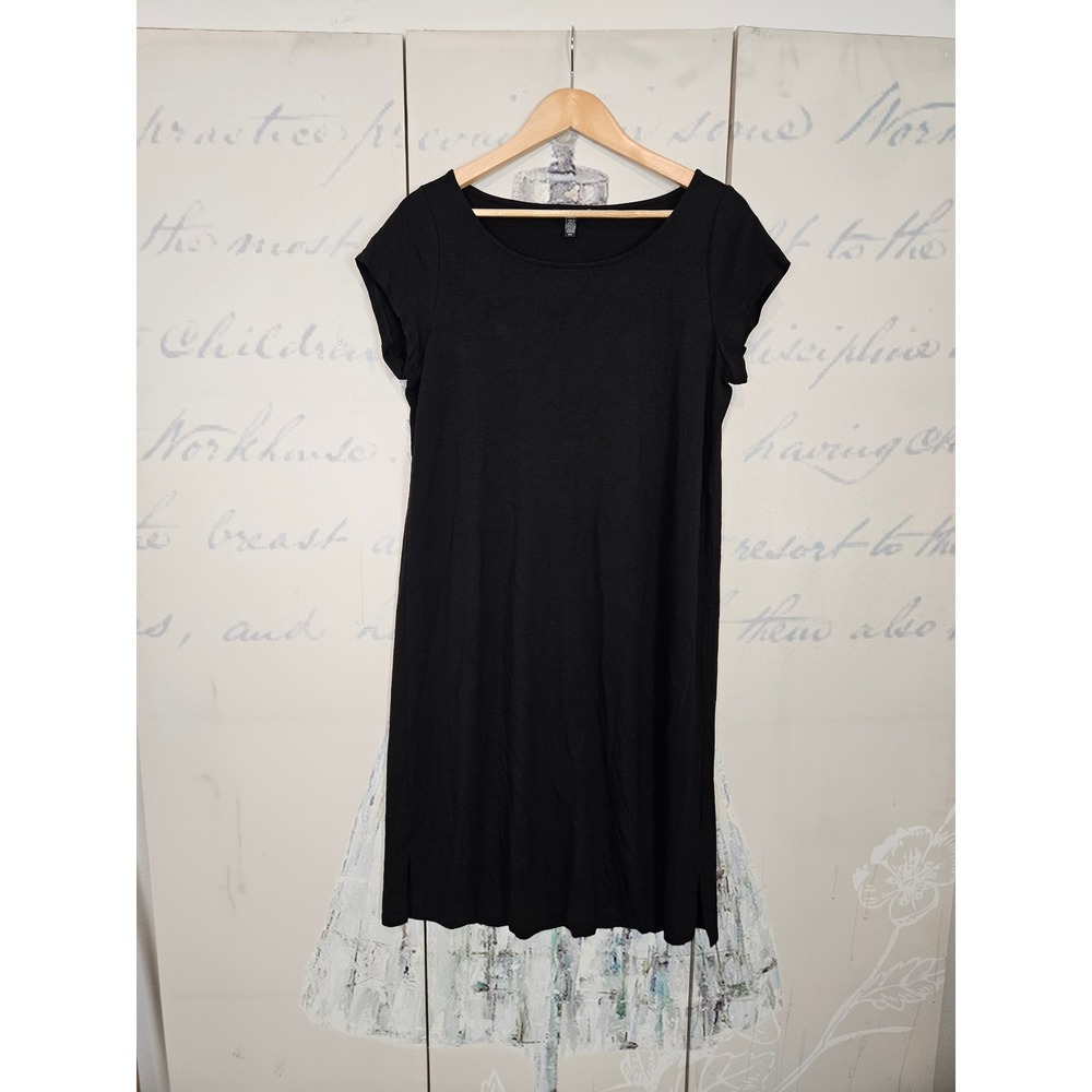 Eileen Fisher T-Shirt Dress Small Black‎ Short Sleeve Scoop Neck Minimalist